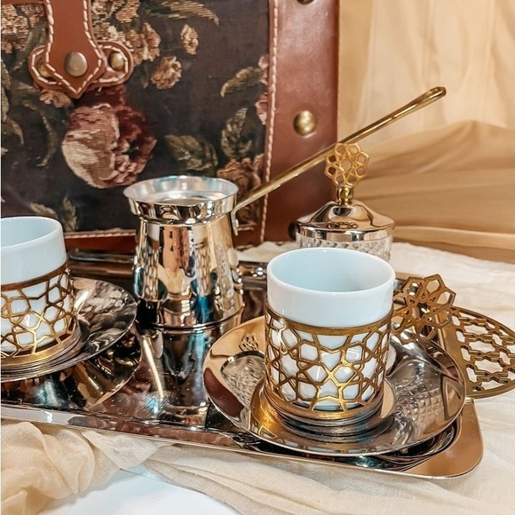 Silver and Gold Metal with Porcelain Serving Tea Set - Picture 2 of 4